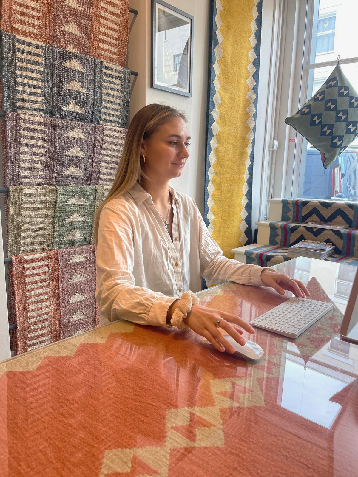 Daisy is here to help! Sophie Cooney Runners support in the showroom in Kensington