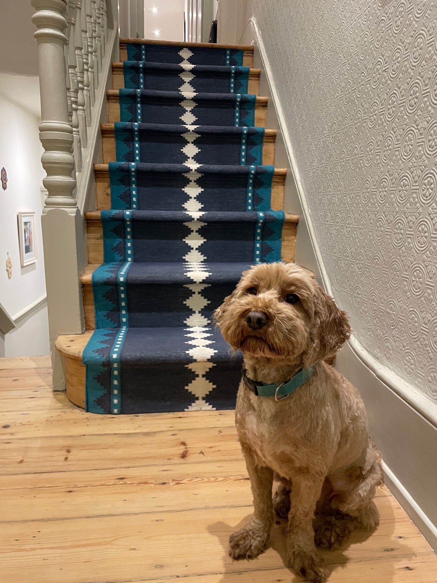 Terra blue cotton stair runner by Sophie Cooney Runners with a dog at the bottom of the stairs