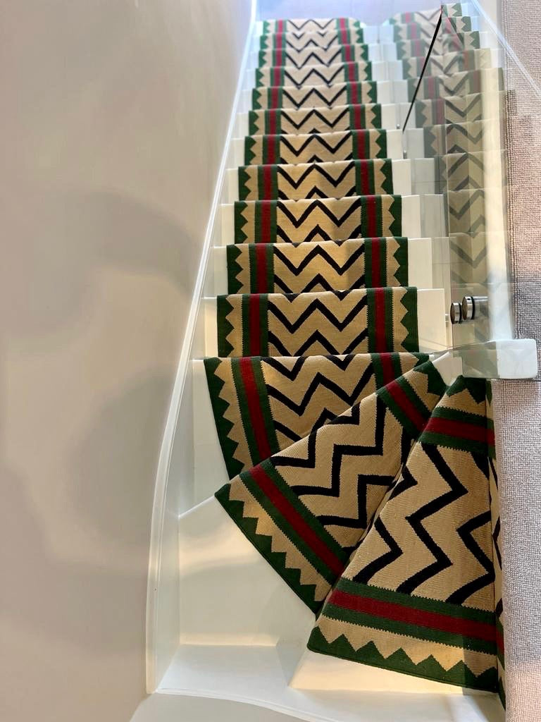 Tribal green and red wool stair runner by Sophie Cooney Runners