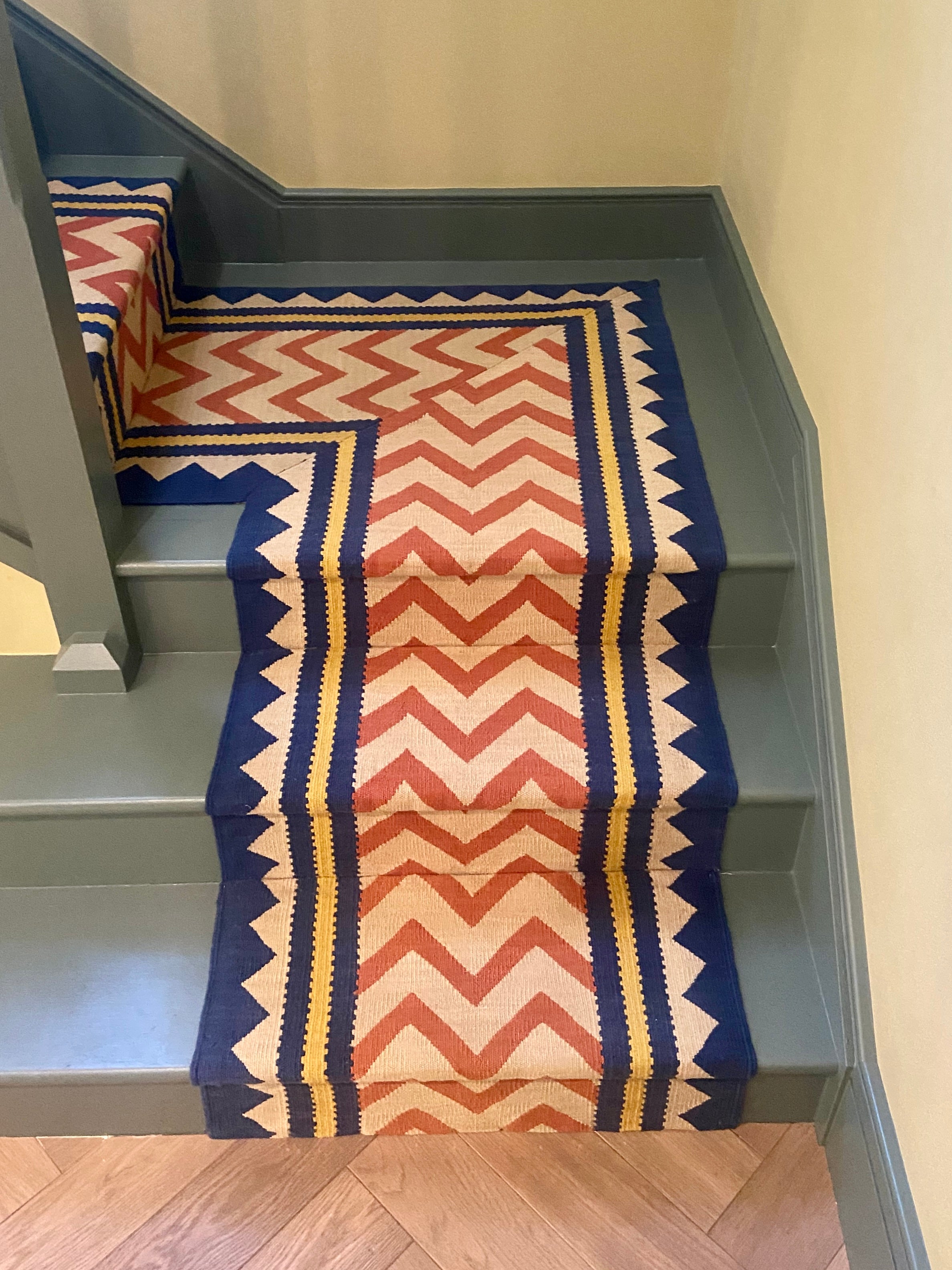 Tribal navy and clay bespoke wool stair runner by Sophie Cooney Runners