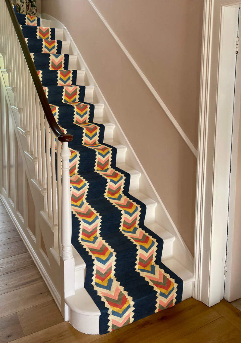 Odina design runner in navy by Sophie Cooney Runners, in situ on white stairs