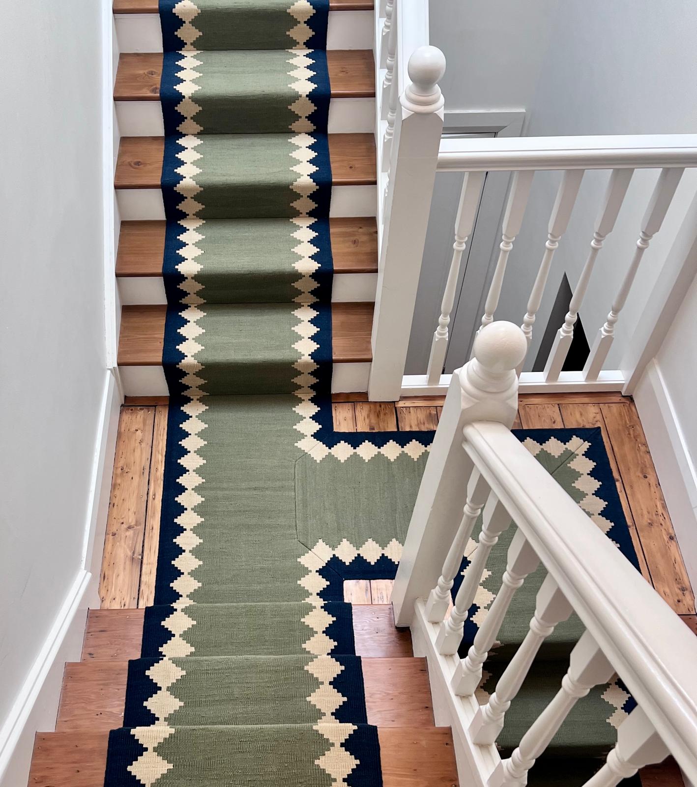 Via Duo Green Wool Runner by Sophie Cooney Runners on wooden stairs